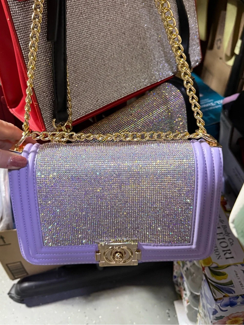 NWT Lavender Crystal-Front Crossbody Bag with Gold Chain
